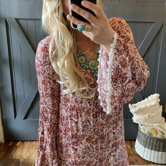 Boho Floral Long Sleeve Kimono Tunic Dress - Picture 1 of 6